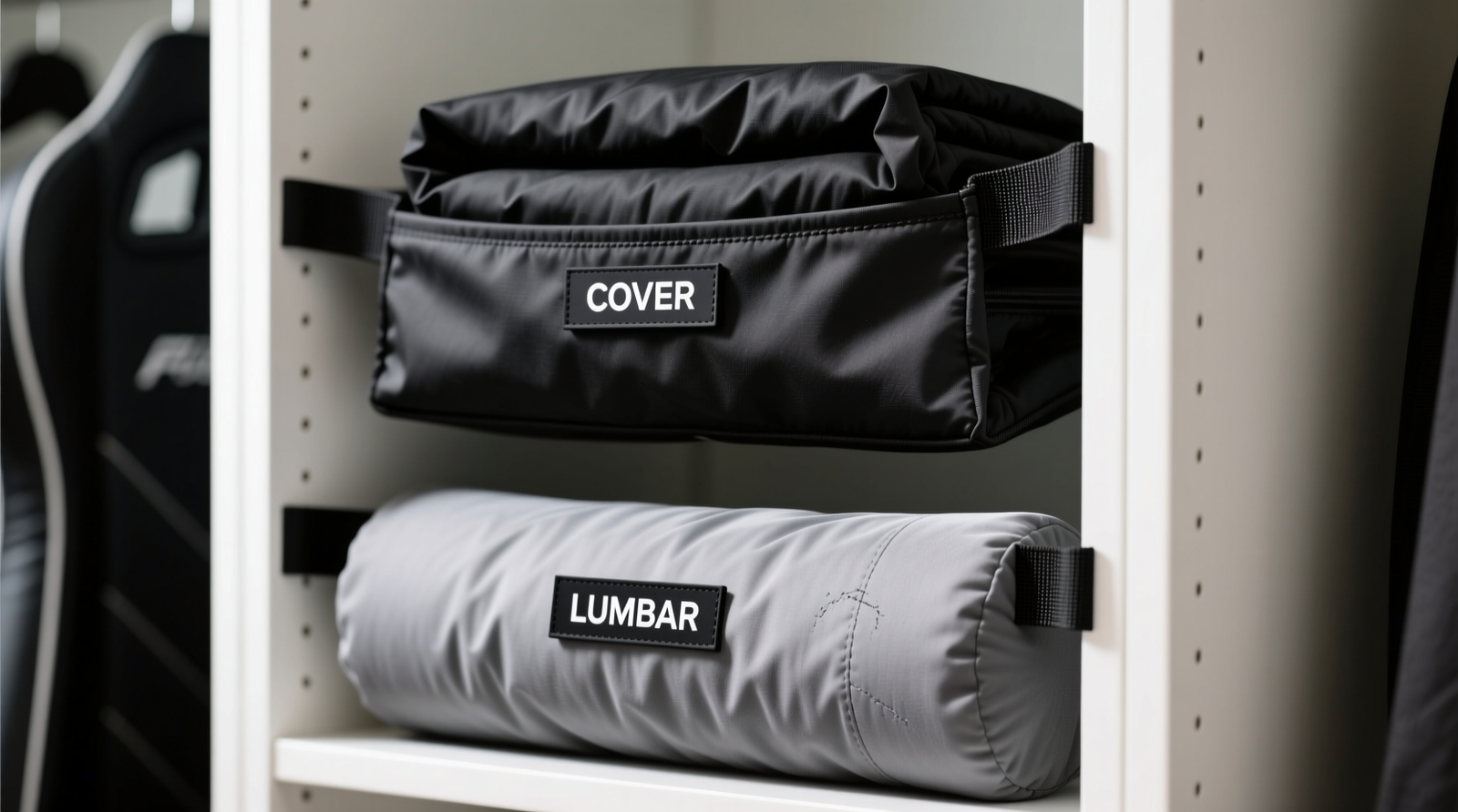 A shallow, natural-fiber storage bin on a closet shelf containing two black gaming chair seat covers and one contoured lumbar cushion, each separated by white acid-free tissue paper, with no visible folds or wrinkles