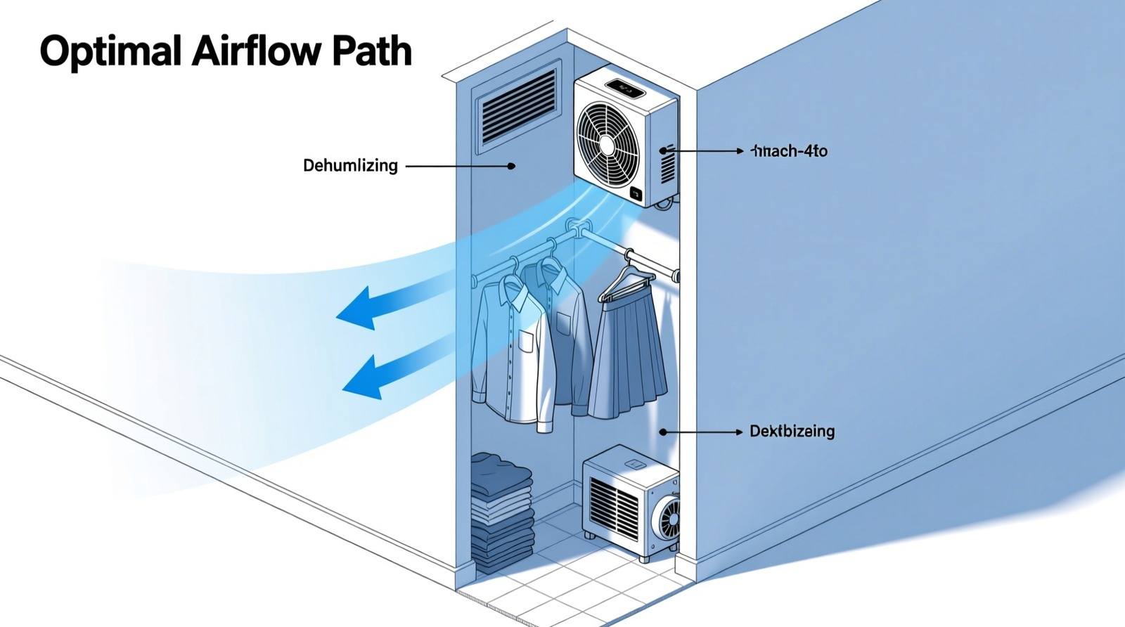 Cross-section diagram showing airflow path in a humidity-controlled closet: desiccant unit at base, bamboo hangers spaced 2 inches apart, charcoal liner beneath open-weave shelf, and 1.5-inch door gap allowing gentle convection current