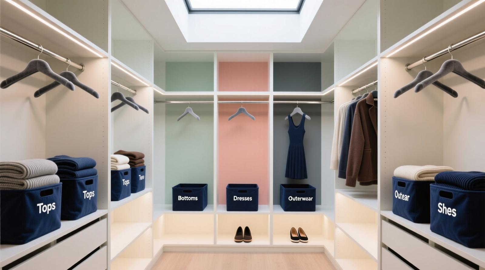 A streamlined closet showing labeled zones: 'Tops', 'Bottoms', 'Outerwear', and 'Shoes', with uniform hangers, shallow folded stacks, and one clear bin for loungewear—no visible clutter, no overlapping garments