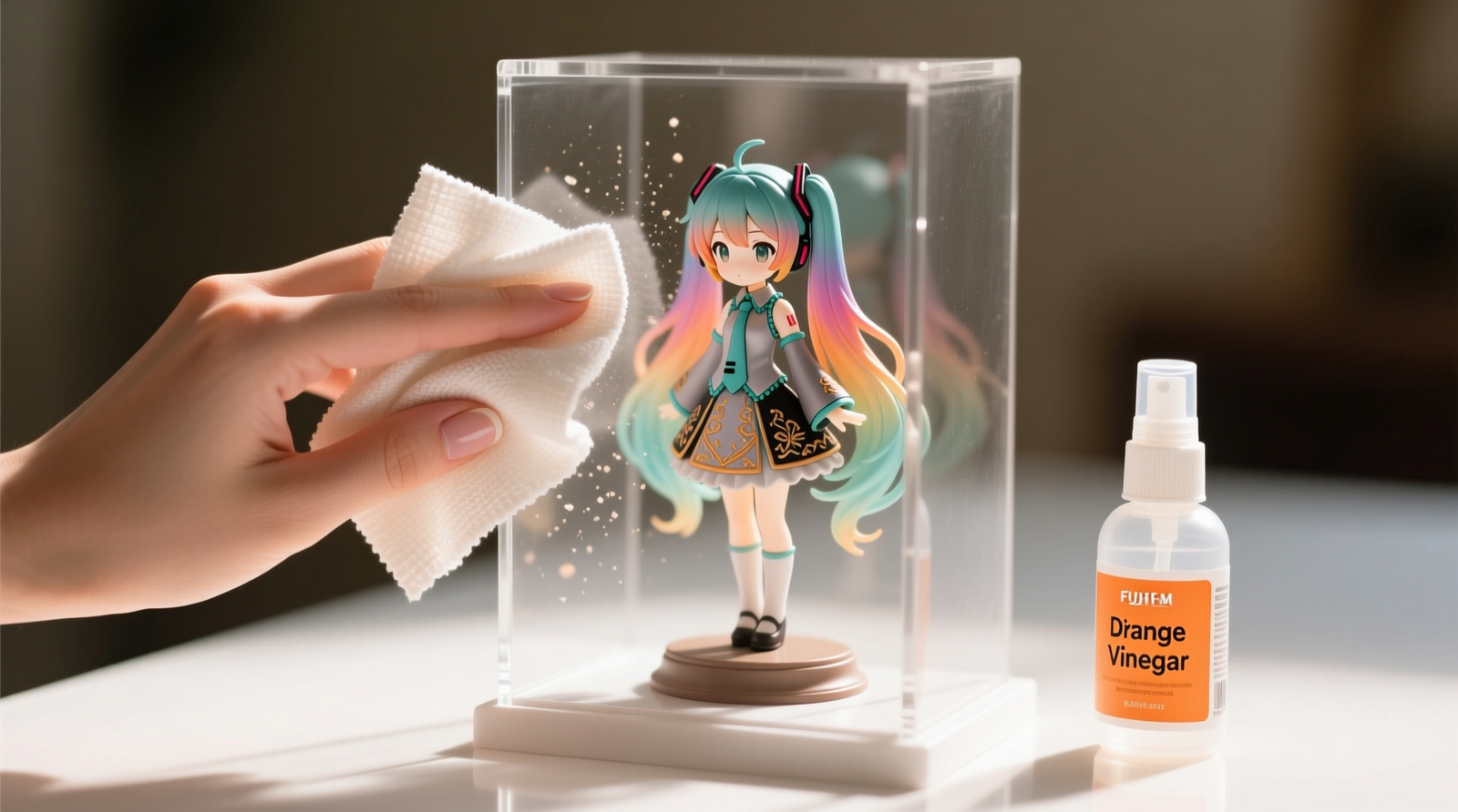 Close-up of a hand using a folded microfiber cloth to gently wipe an acrylic display case containing a painted anime figure, with a small spray bottle labeled 'Diluted Orange Vinegar' placed nearby on a clean white surface