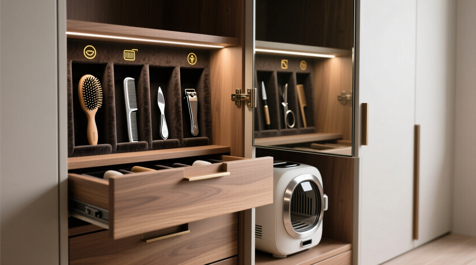 A minimalist walk-in closet featuring soft-close walnut drawers; one shallow drawer open to reveal velvet-lined foam slots holding a boar-bristle brush, stainless steel comb, and ergonomic nail clipper—all aligned vertically and labeled with subtle gold-foil icons. A hinged mirrored panel rests flush beside it, concealing a compact pet dryer beneath.