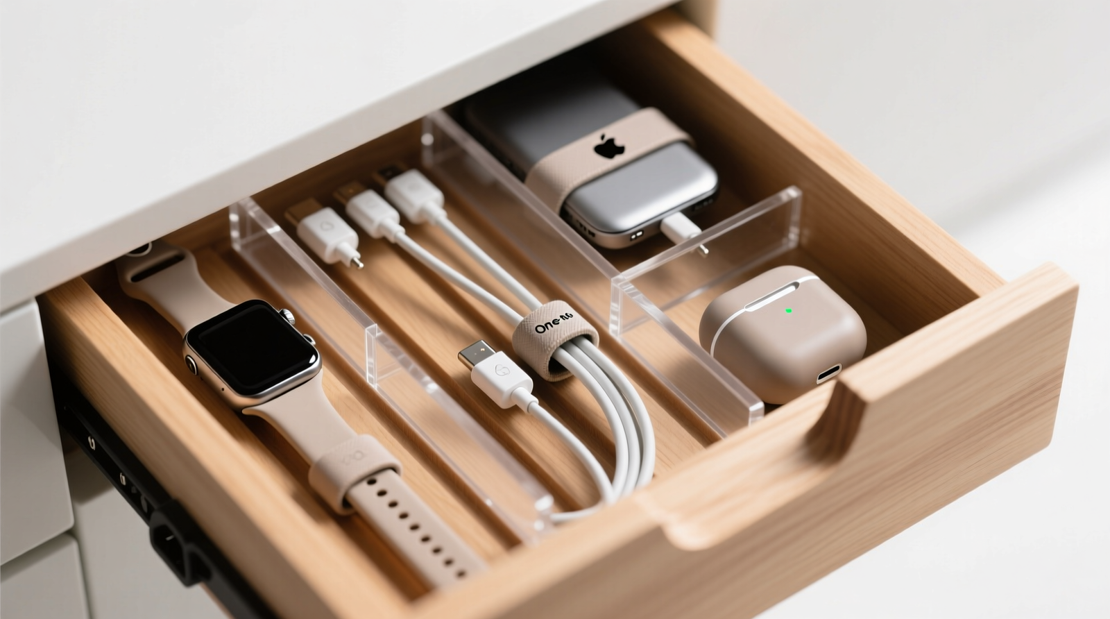 Top-down photo of a shallow wooden drawer with clear acrylic dividers containing Apple Watch chargers and AirPods cases; each cable runs vertically through a routed groove and terminates in a Velcro One-Wrap Mini tie secured just above the device case. No visible loops or bends.