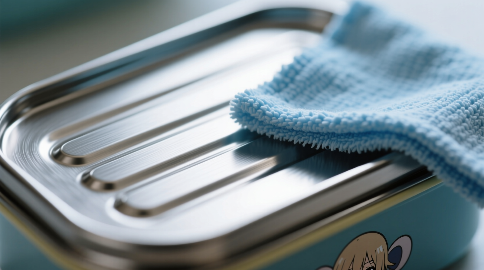 Close-up macro photo showing parallel brushed stainless steel grain on an anime bento box lid, with a soft blue microfiber cloth gently wiping along the grain direction—no streaks, no visible pressure marks