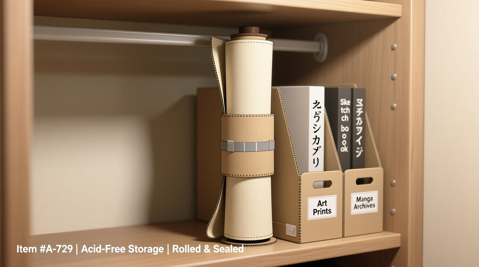 Side-view diagram showing an anime wall scroll rolled loosely around a 3-inch acid-free cardboard tube, fully enclosed in a slightly oversized cardboard sleeve with taped ends, standing vertically inside a closet shelf with labeled dividers