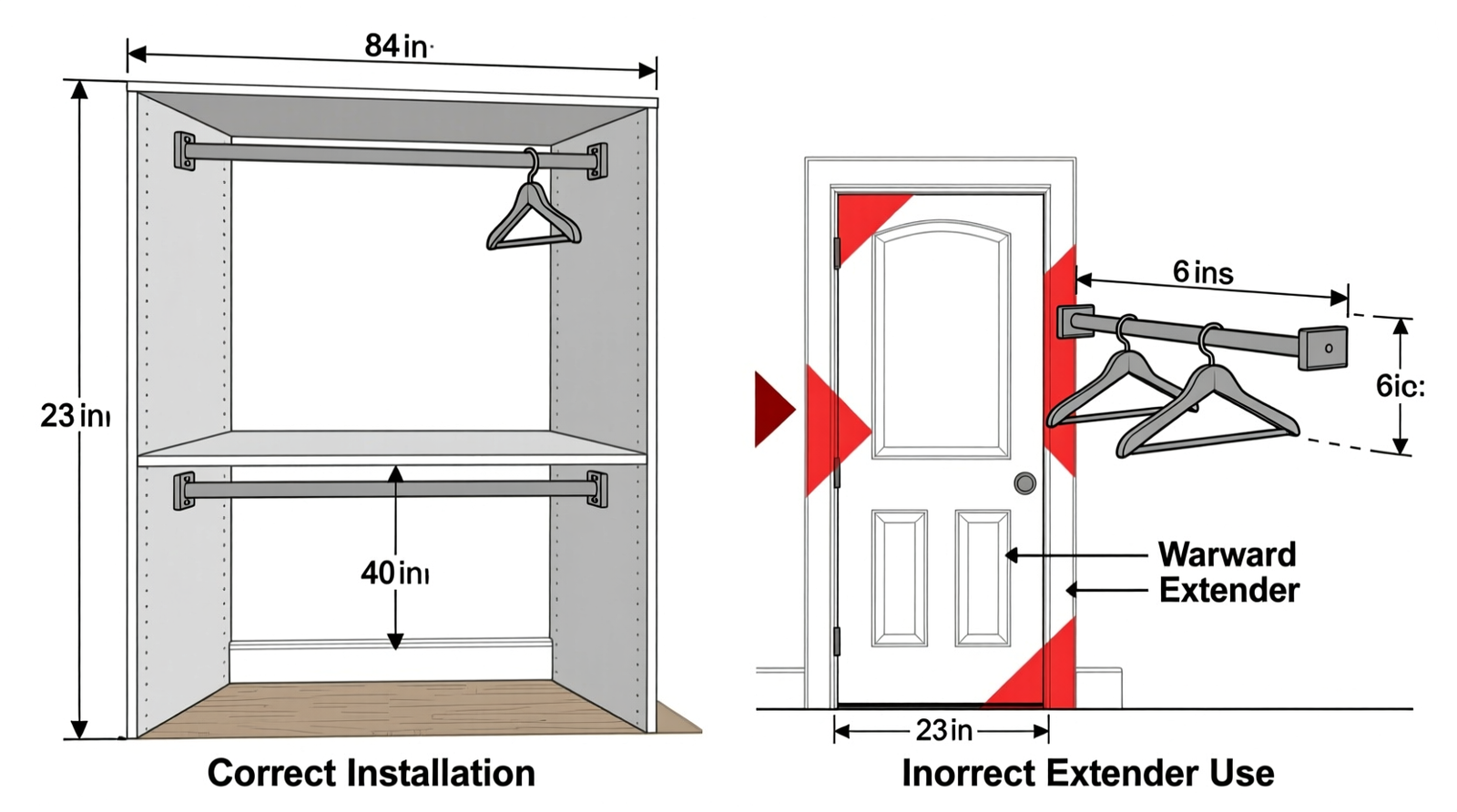 Side-by-side schematic showing correct double hanging bar installation in a 23-inch deep closet: upper bar at 84 inches, lower at 40 inches, both set fully recessed with 23-inch depth preserved; contrasted with rod extender diagram showing forward projection causing hangers to collide with closet door