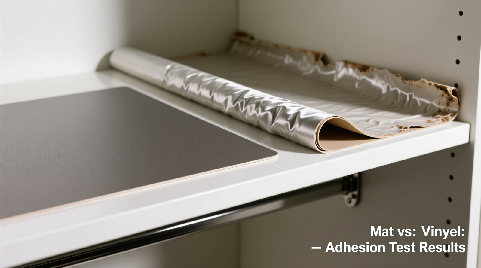 Side-by-side comparison showing a sleek, matte-finish removable adhesive mat lying flat and fully adhered to a glossy white closet shelf, next to a wrinkled, lifted-edge vinyl shelf liner with visible gaps along the perimeter