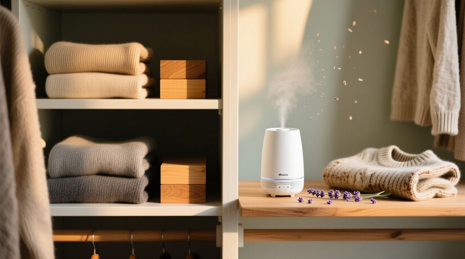Close-up of sanded Eastern red cedar blocks nestled between folded wool sweaters and inside a cotton garment bag in a well-lit, minimalist closet