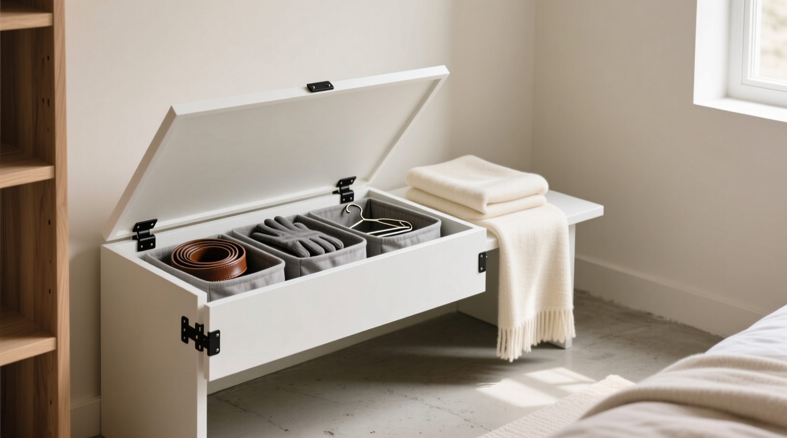 A minimalist white oak closet bench with matte black hinges and a neatly folded cashmere throw draped over one end; beneath the lifted lid, three fabric bins hold rolled belts, folded gloves, and spare hanger clips—all fully concealed when closed