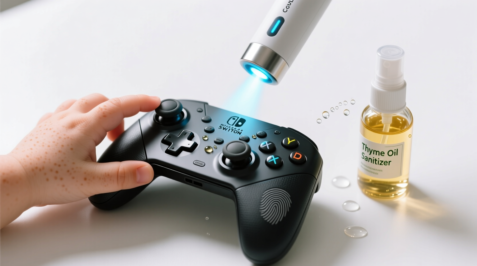 Close-up photo showing a microfiber cloth gently wiping the concave surface of a black gaming controller’s conductive rubber D-pad, with visible moisture sheen but no pooling or dripping