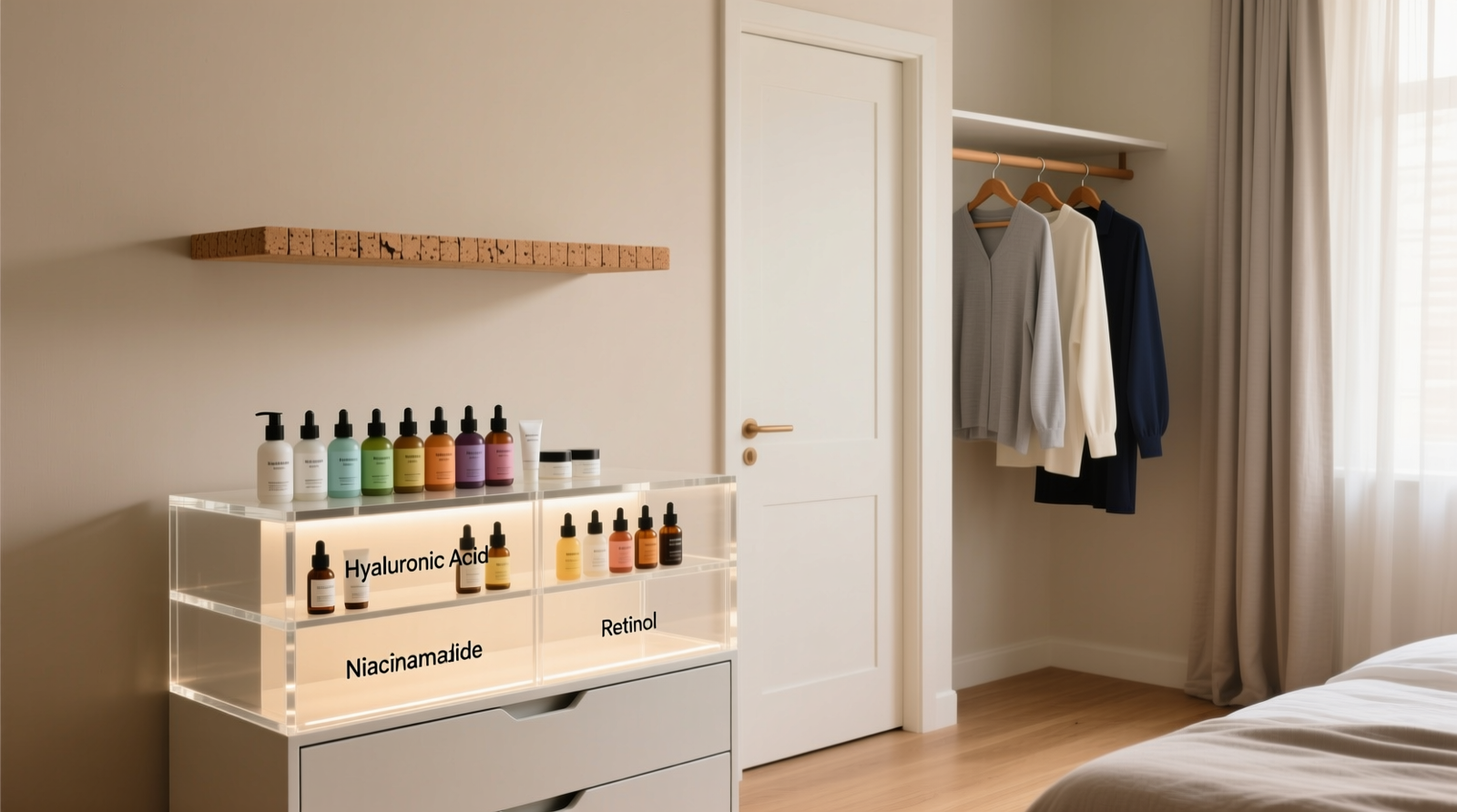 A minimalist acrylic drawer unit placed beside a bedroom dresser, containing labeled skincare bottles arranged by active ingredient class; no products are inside the adjacent closet, which displays only hanging clothes and a single empty cork-tile shelf above the door frame