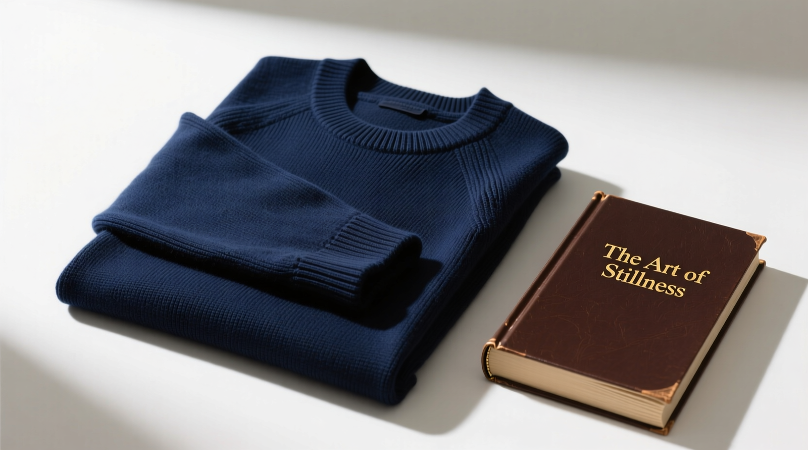 Top-down photo showing a navy knit sweater folded face-down, sleeves aligned precisely at center back, bottom folded to armpits, top folded neatly to meet hem—forming a compact, symmetrical rectangle resting beside a hardcover book used as a folding guide