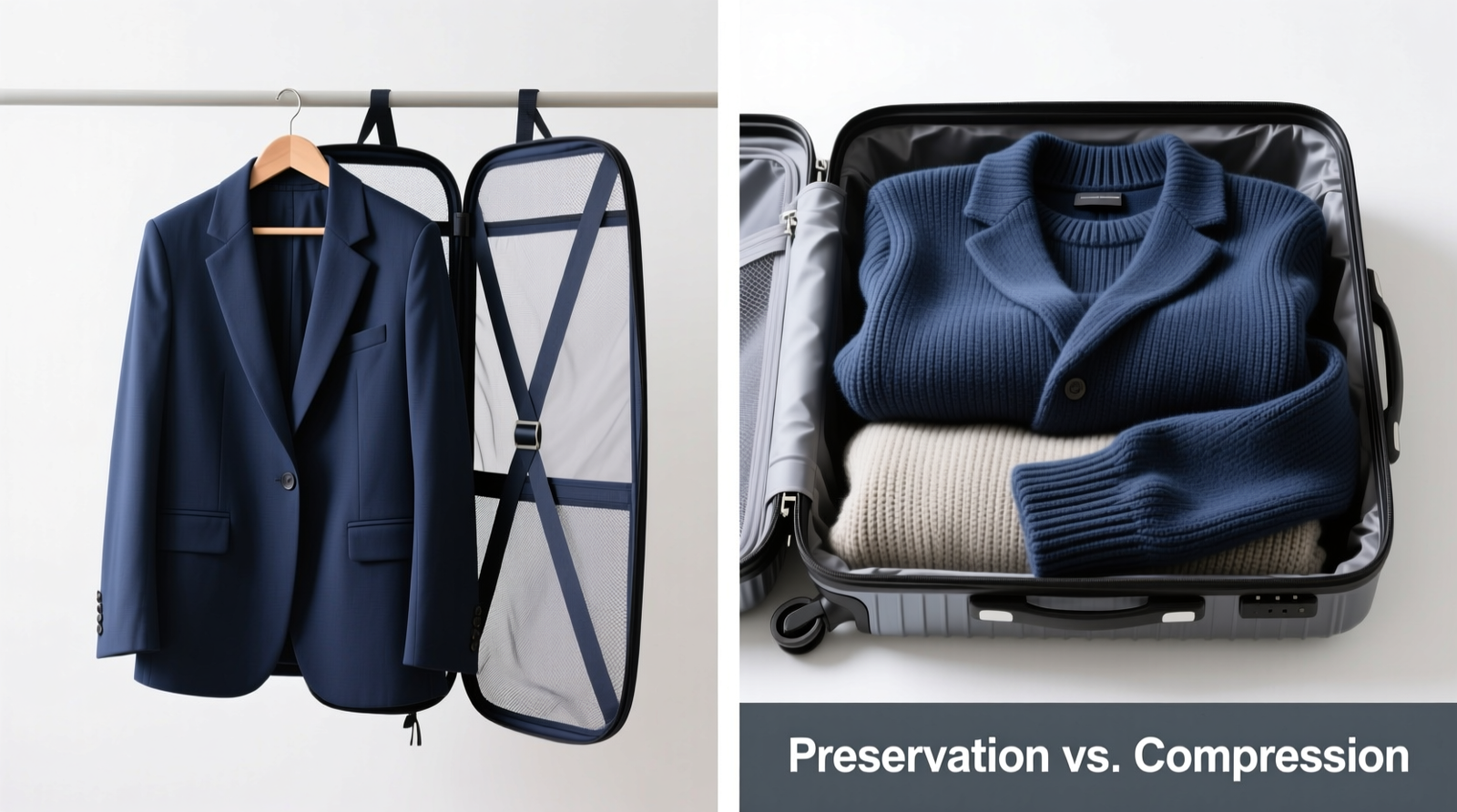 Side-by-side comparison: left shows a crisp navy blazer hanging freely inside a breathable foldable garment bag with reinforced bar; right shows the same blazer compressed under two sweaters inside a hard-shell suitcase, with visible lapel roll and sleeve creasing