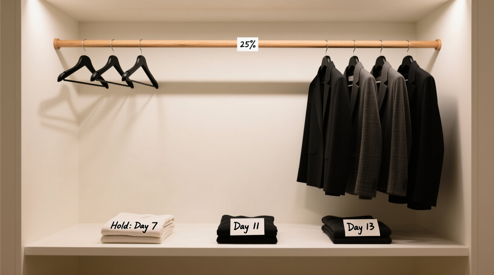 A minimalist closet with a single wooden rod at eye level, 25% of which is empty; all garments face forward on identical matte-black hangers; a shallow, closed white shelf sits beneath holding three folded items labeled 'Hold: Day 7', 'Day 11', 'Day 13'