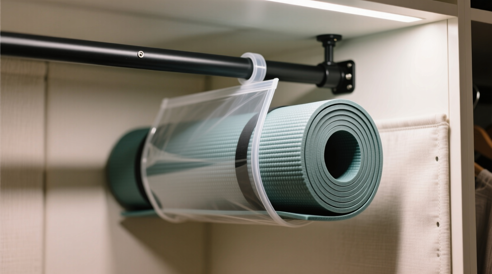 Close-up of a rolled yoga mat fully seated inside a vertical PVC sleeve mounted beneath a tension rod, with clear spacing between mat surface and closet back wall