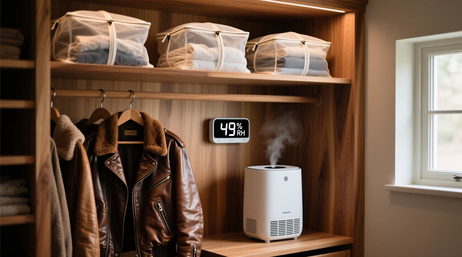 A compact desiccant dehumidifier mounted inside a cedar-lined closet, with leather jackets on padded hangers, a digital hygrometer showing 49% RH, and breathable cotton garment bags neatly stacked on a shelf