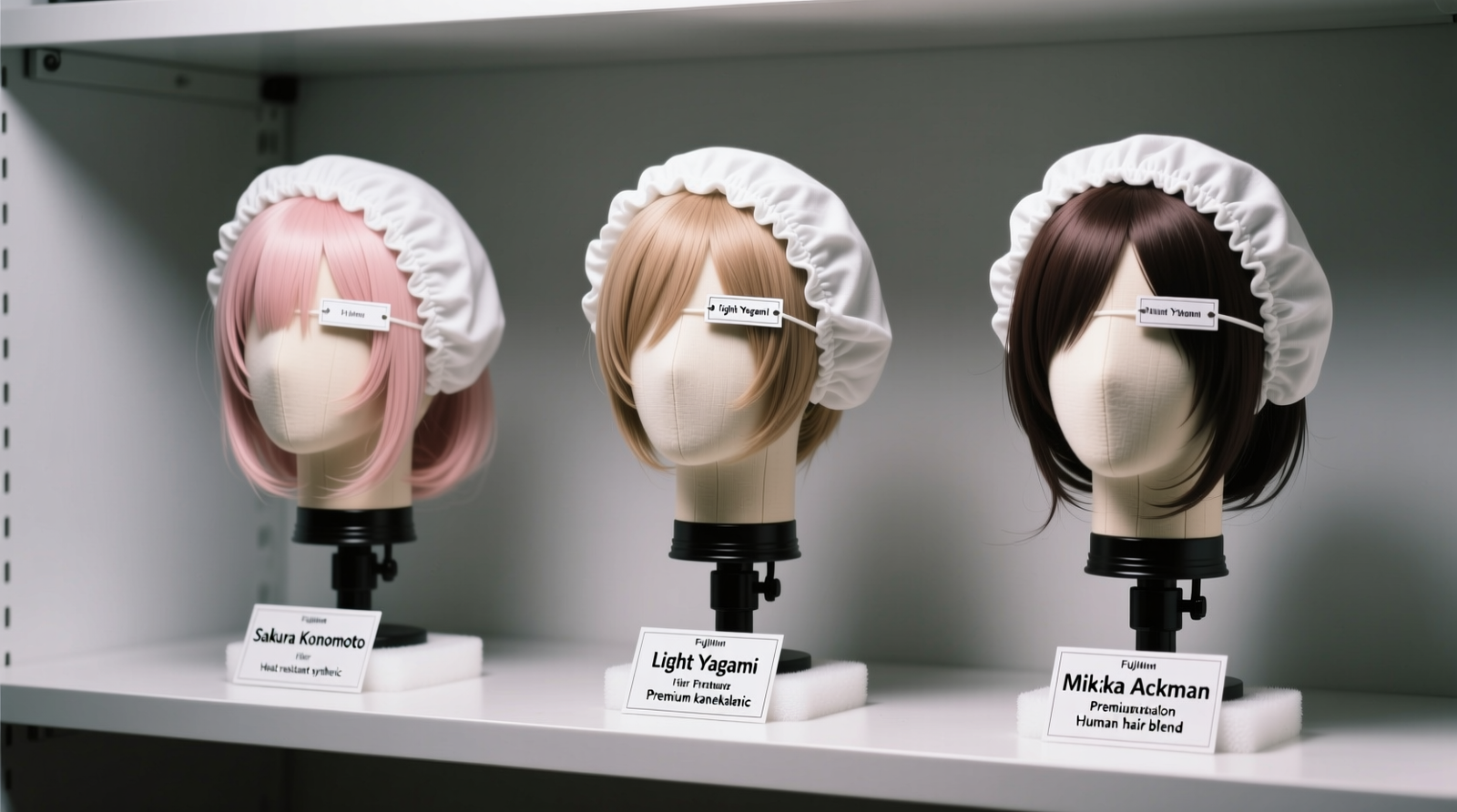 Three properly fitted anime cosplay wigs on adjustable foam wig stands, each covered with off-white cotton caps, arranged on a shaded, clutter-free shelf with labeled tags indicating character names and fiber type