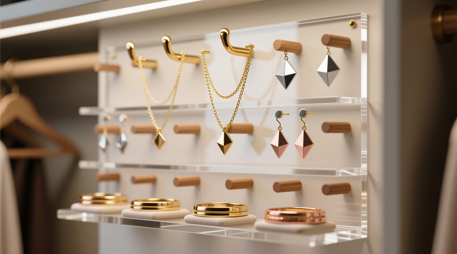 Close-up of a tiered acrylic jewelry display mounted on a closet wall: gold necklaces hang neatly on downward-facing brass hooks, stacked bangles rest on angled padded dowels, and geometric earrings dangle from slotted wooden pegs—all spaced evenly with clear sightlines and zero overlap