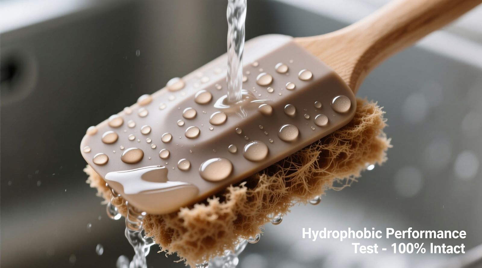 Close-up photo of a matte-finish silicone spatula being gently scrubbed with a light-brown cellulose sponge under running lukewarm water, with clear droplets beading on its surface—demonstrating intact hydrophobicity post-cleaning