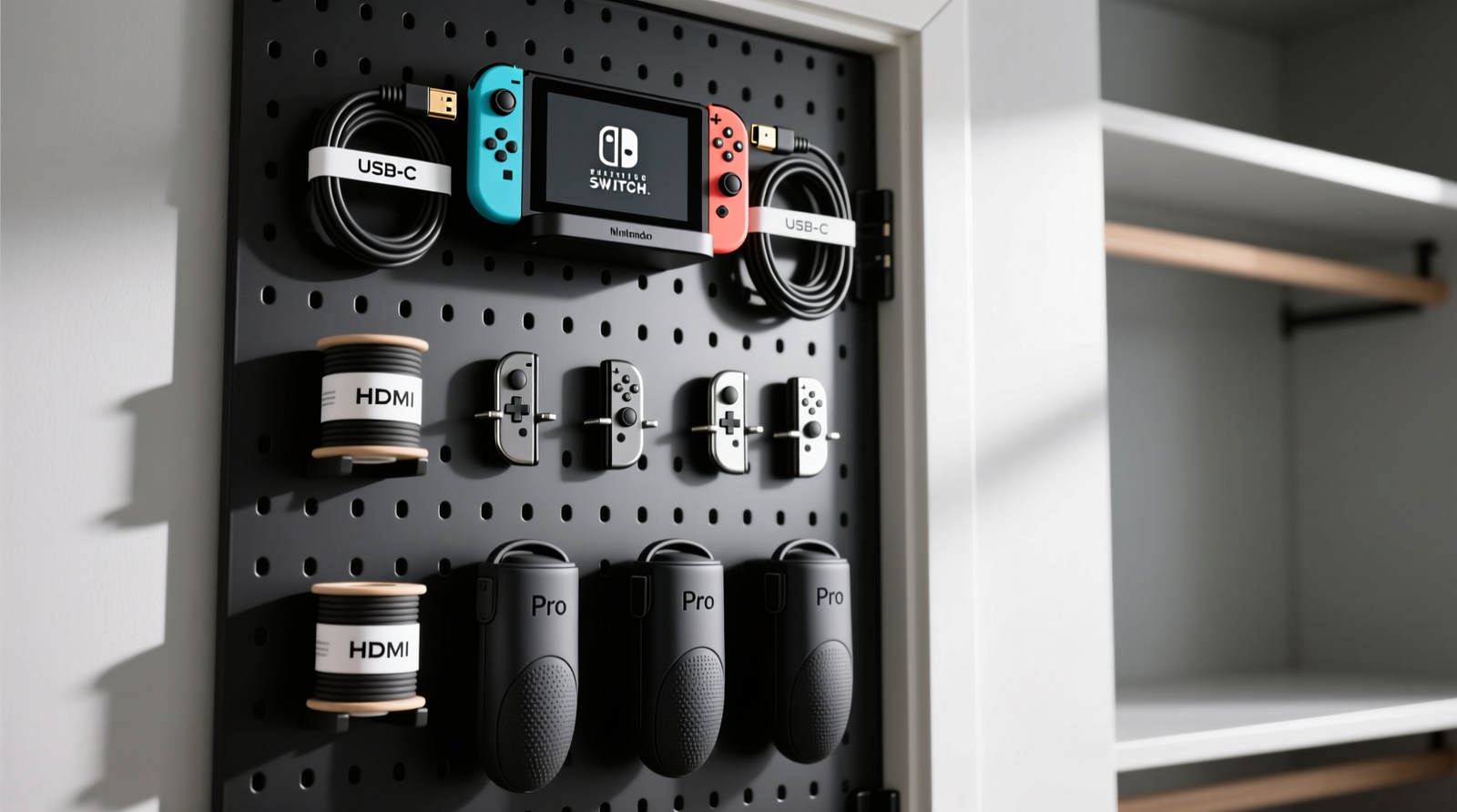 A minimalist closet interior door with a matte-black pegboard panel: top row holds a vertically mounted Nintendo Switch dock with neatly coiled HDMI and USB-C cables secured via labeled spools; middle row features magnetic Joy-Con clips aligned in pairs; bottom row shows three upright Pro Controller sleeves with grip-side visible and silicone grip texture intact.