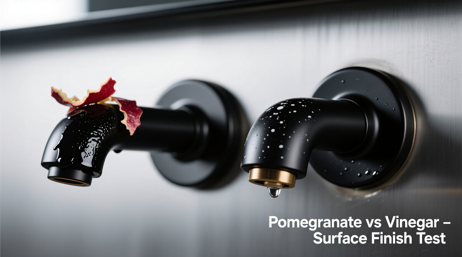 Close-up macro photo showing two identical matte black faucet handles: left cleaned with vinegar-dampened microfiber and immediate rinse (uniform texture), right treated with vinegar-soaked cloth left for 2 minutes (visible micro-hazing and uneven light diffusion)