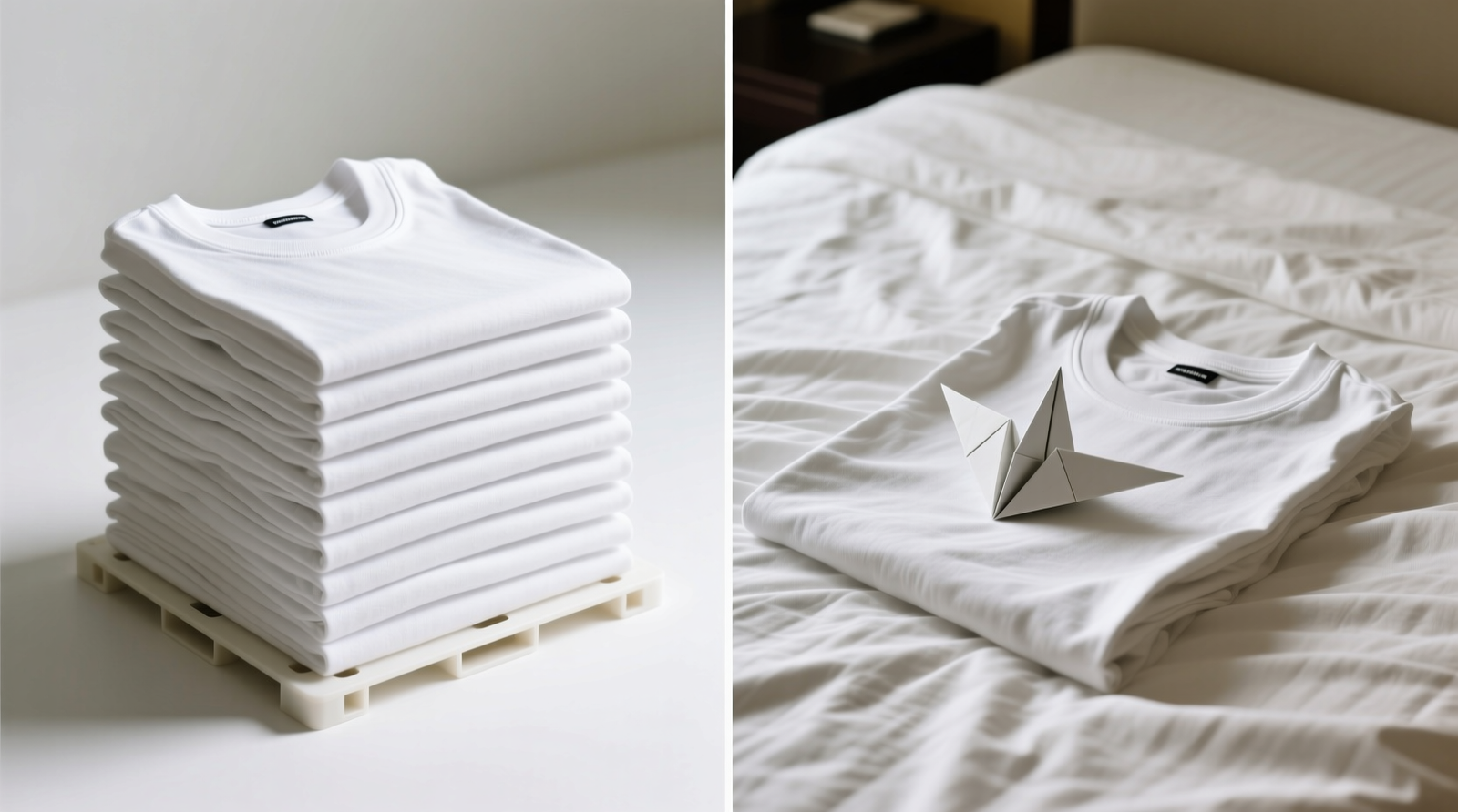 Side-by-side comparison: left shows a crisp, uniform stack of t-shirts folded using a hard-shell folding board; right shows slightly uneven, tapered folds of identical shirts folded using an origami guide on a rumpled hotel bedsheet