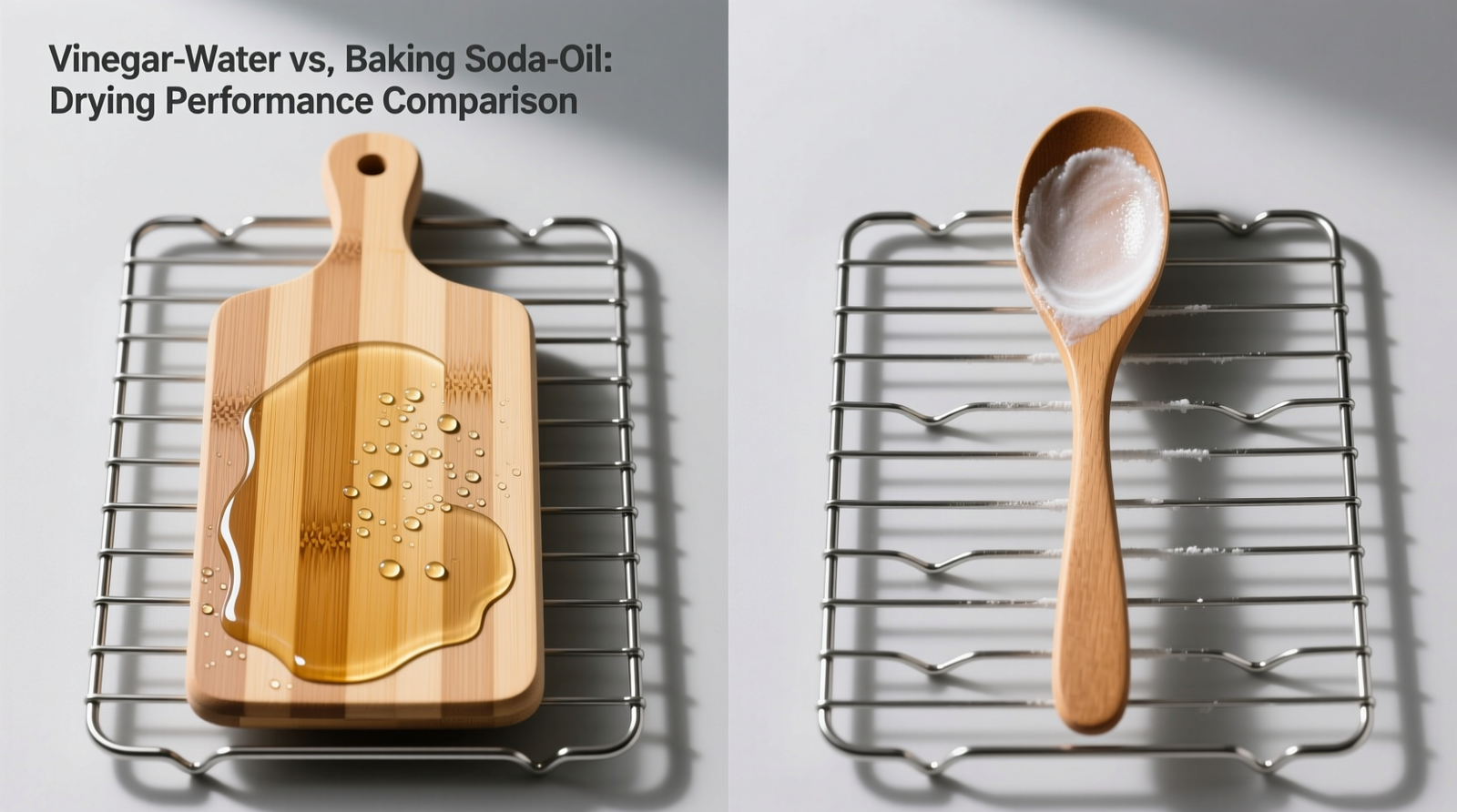 Side-by-side comparison showing a bamboo cutting board cleaned with vinegar-water solution and a wooden spoon wiped with baking soda-oil paste, both positioned vertically on a ventilated drying rack with no pooling water visible