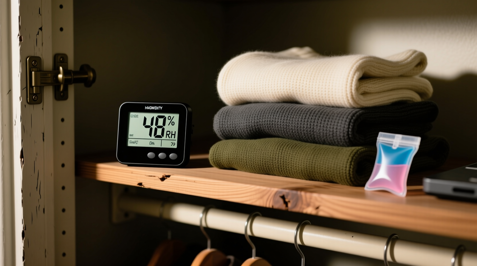 Side-by-side comparison: a compact digital hygrometer mounted inside a cedar-lined closet beside a hanging wool coat, next to a smartphone displaying a hygrometer app showing '52% RH' while the physical device reads '63% RH'