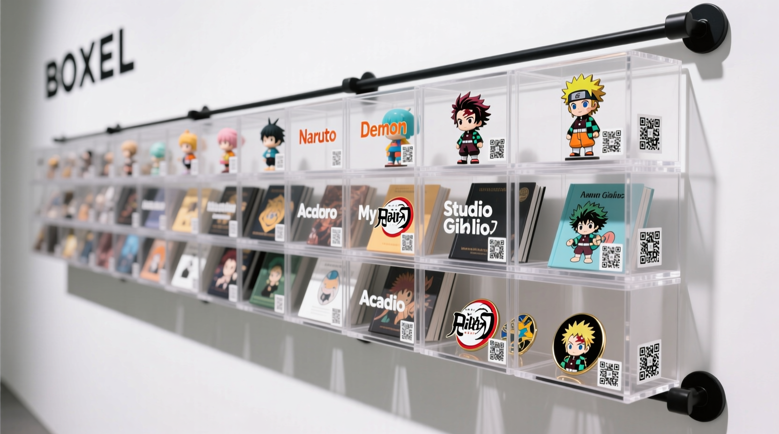Wall-mounted BOAXEL rails with labeled acrylic bins holding anime figures, art books, and enamel pins—organized by franchise, with QR code labels visible and a clean white backdrop