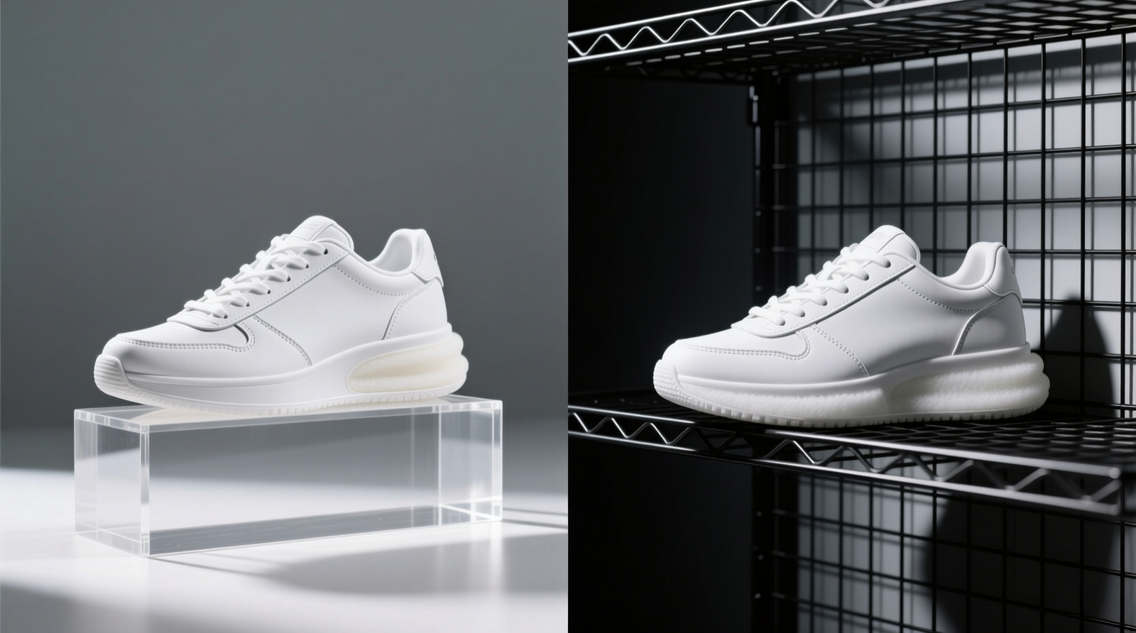 Side-by-side comparison: white sneakers on clear acrylic risers (even spacing, visible light penetration) versus identical sneakers on black wire mesh shelves (shadows under soles, no light reaching mid-sole foam)