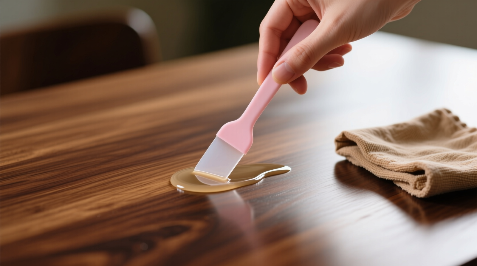 Close-up of a hand using a soft silicone spatula to lift translucent adhesive residue from a smooth walnut tabletop, with a folded warm microfiber cloth nearby and no visible scratches or discoloration
