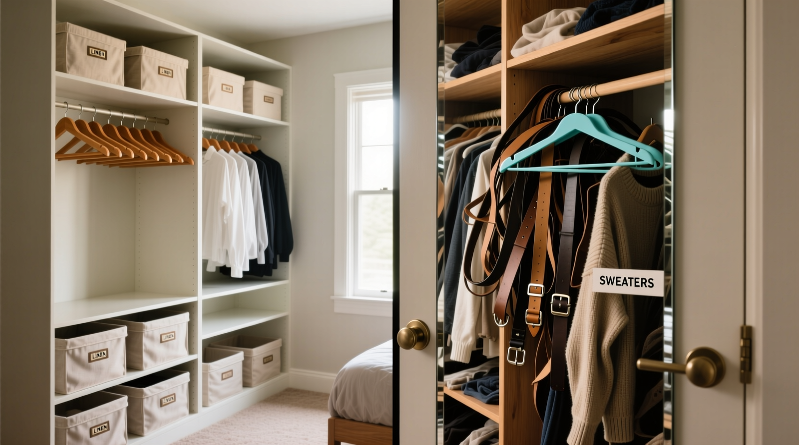 Side-by-side comparison: left panel shows a clean, frameless mirrored closet door reflecting a sunlit, minimalist bedroom; right panel shows the same door dulled by streaks, fingerprints, and dust accumulation along the bottom track