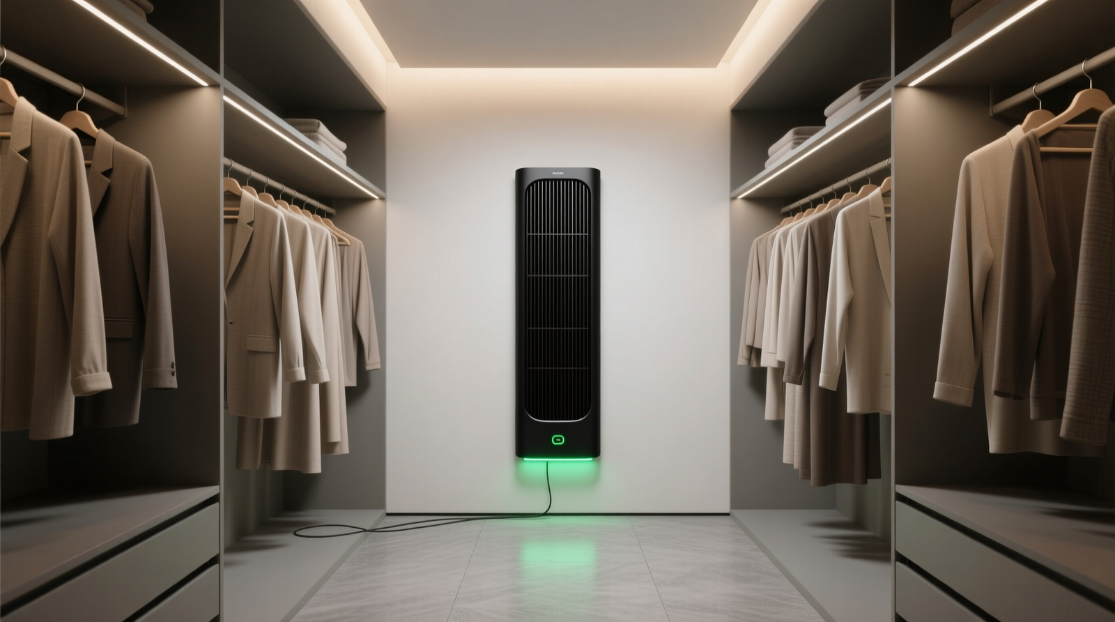 A minimalist walk-in closet with a compact, matte-black air purifier mounted vertically on the rear wall, intake grille unobstructed, garments evenly spaced, and soft LED indicator glowing green—no visible cords or clutter