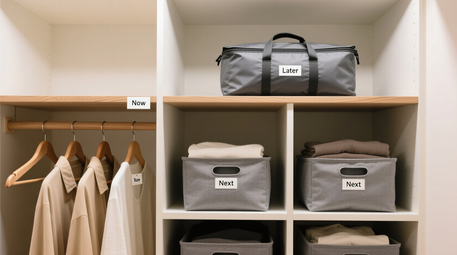 A shared closet with three clearly demarcated vertical zones: beige-hung garments in the left section labeled 'Now', folded items in gray bins on a middle shelf labeled 'Next', and a single charcoal vacuum bag on the top shelf labeled 'Later'—all using uniform hangers and neutral-toned containers