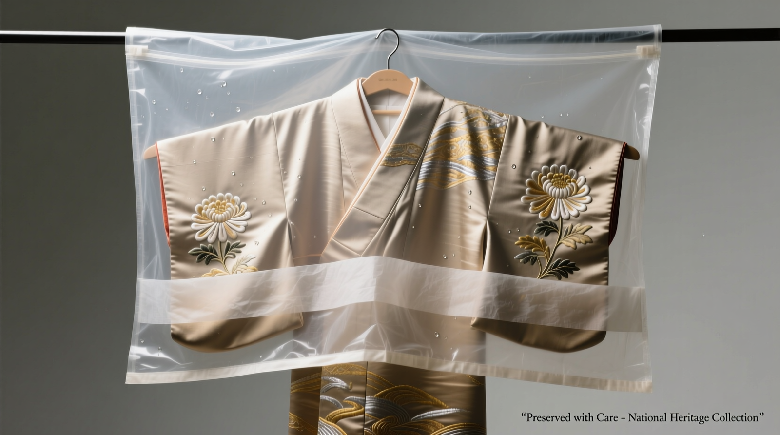 Side-view photograph showing an embroidered kimono suspended vertically on a padded hanger inside a translucent archival garment bag, with acid-free tissue subtly supporting raised chrysanthemum embroidery at the sleeve hem