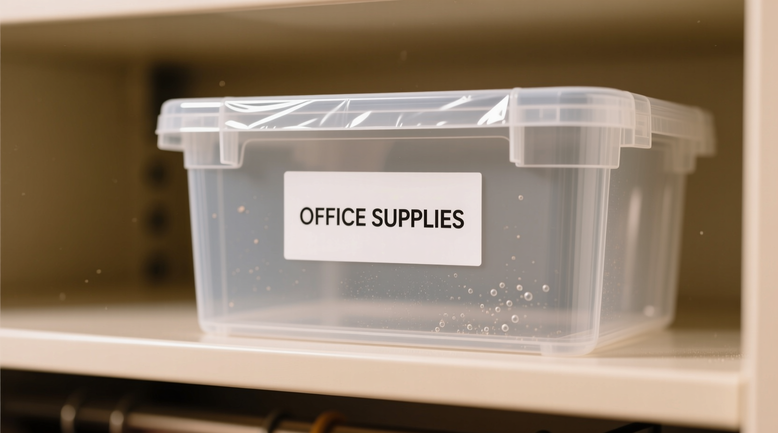 Close-up of a neatly labeled clear plastic bin showing a crisp, edge-sealed laminated label applied flush to the front panel, with no curling, bubbling, or discoloration—set against a neutral closet shelf