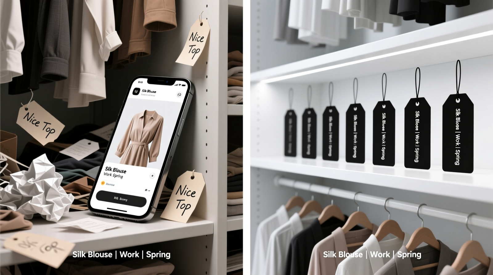 Side-by-side comparison: left shows a closet with mismatched labels (handwritten tags reading 'Nice Top' next to app screen showing 'Silk Blouse | Work | Spring'); right shows synced system with uniform black-on-white tags reading 'Silk Blouse | Work | Spring' aligned beneath identical app entry