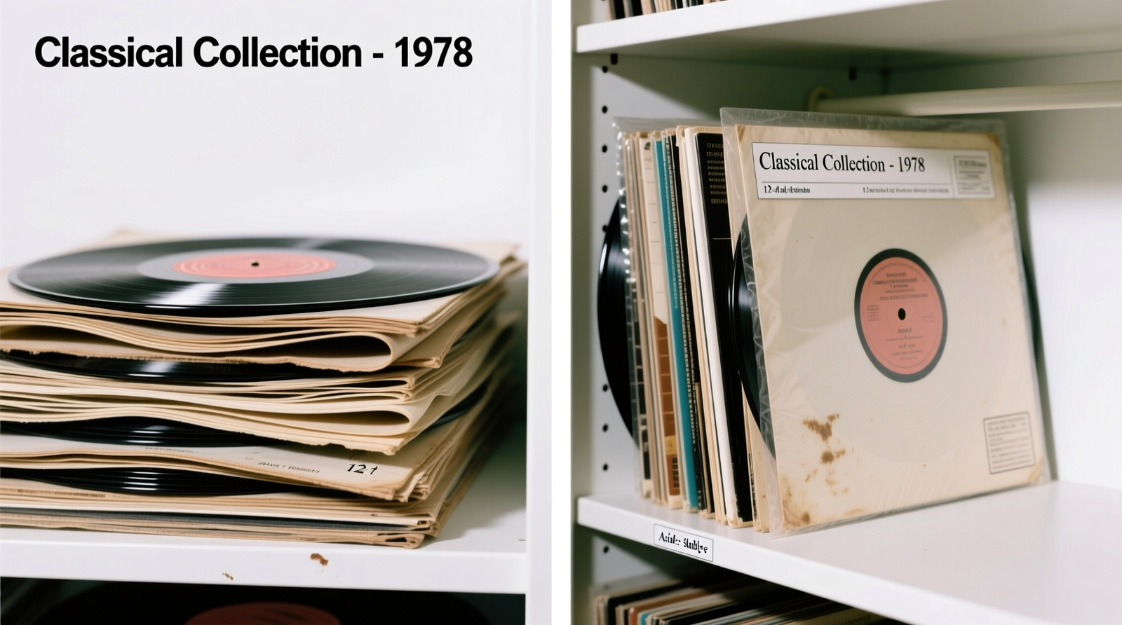Side-by-side comparison showing warped vinyl from horizontal stacking versus flat, undistorted records stored vertically in a climate-stable closet with labeled acid-free sleeves and 12-inch shelf spacing