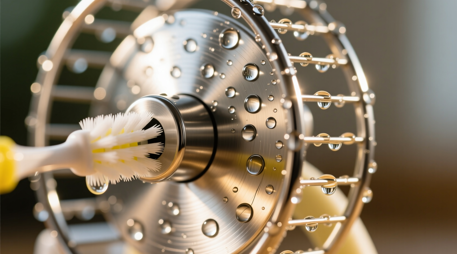 Close-up photo of a stainless steel hamster wheel suspended over a steaming glass bowl filled with white vinegar, with an unbleached paper towel folded in half beside it on a clean bamboo tray