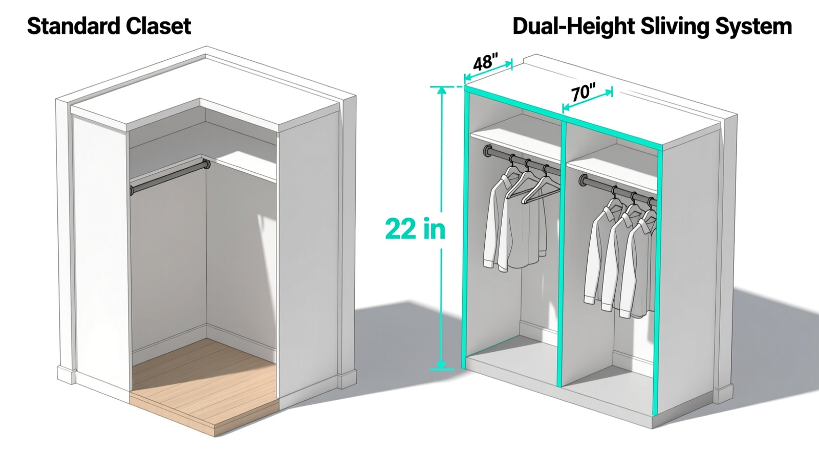 Side-by-side diagram showing a standard closet with single hanging rod (left) versus identical closet fitted with dual-height sliding track system (right), highlighting 22-inch gain in usable vertical garment-hang zone and unobstructed floor clearance