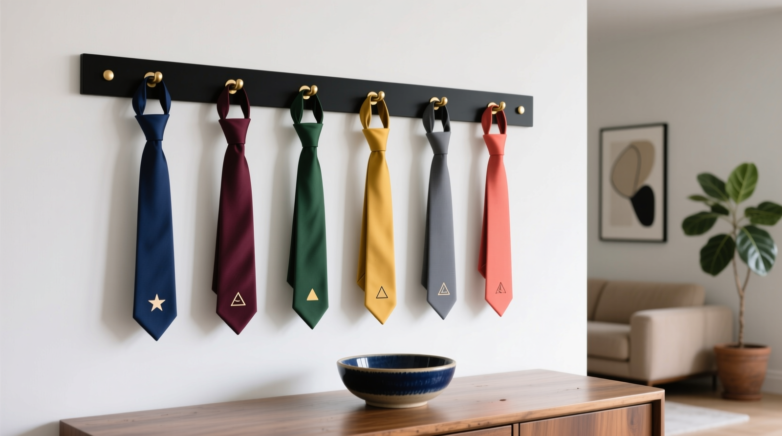 A clean, white wall with a matte-black horizontal bar mounted at eye level; six evenly spaced hooks hold ties in full view, each marked with a distinct colored dot (navy, burgundy, forest green, etc.) and a small engraved icon; a shallow ceramic bowl in matching navy sits on a nearby console table.
