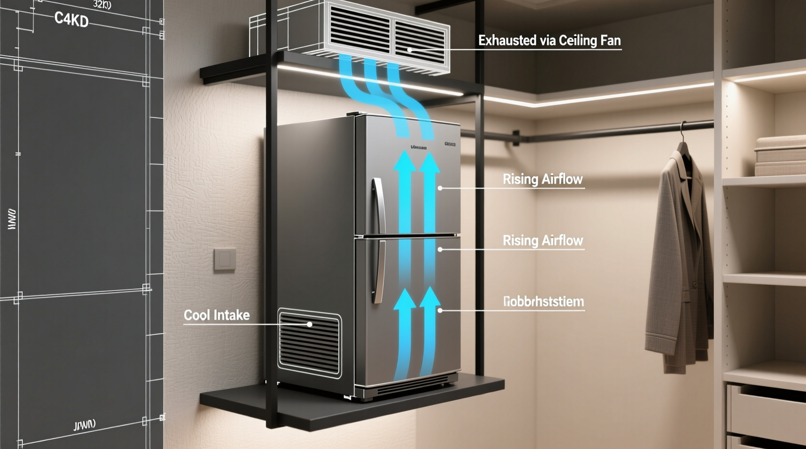 Cross-section diagram showing a skincare fridge mounted on a floating shelf inside a closet, with labeled airflow paths: cool intake air entering through a low vent at the back wall, rising past the unit, and exiting via a ceiling-mounted exhaust fan. Rear and bottom fridge vents are clearly unobstructed.