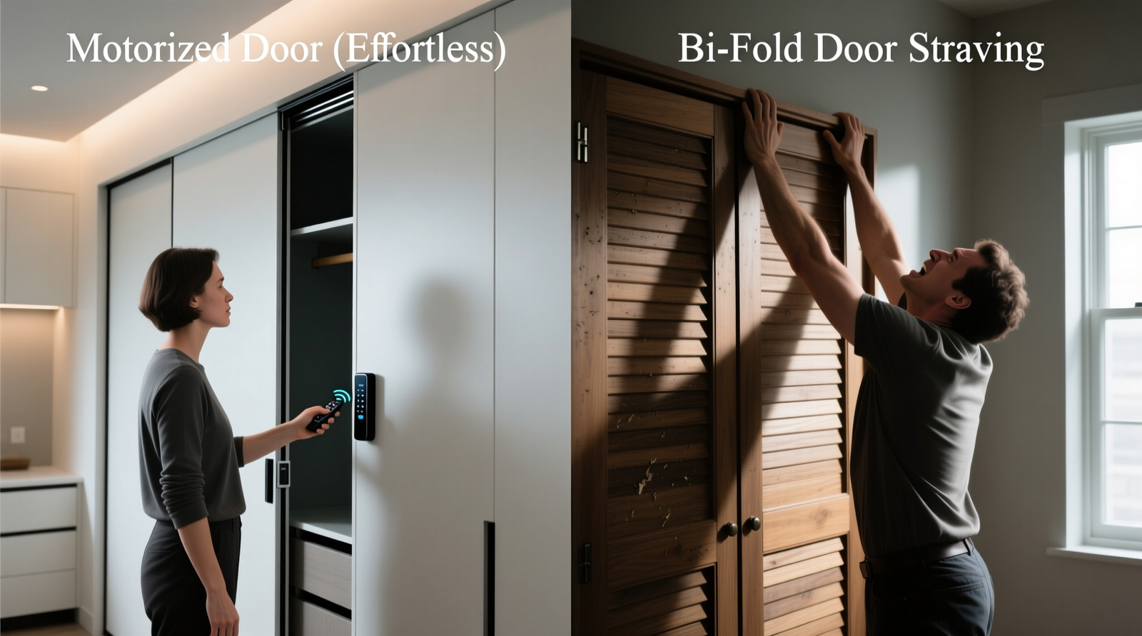 Side-by-side comparison showing a person with limited reach smoothly opening a quiet, wall-mounted motorized closet door using a wireless remote, versus straining to lift a traditional bi-fold door
