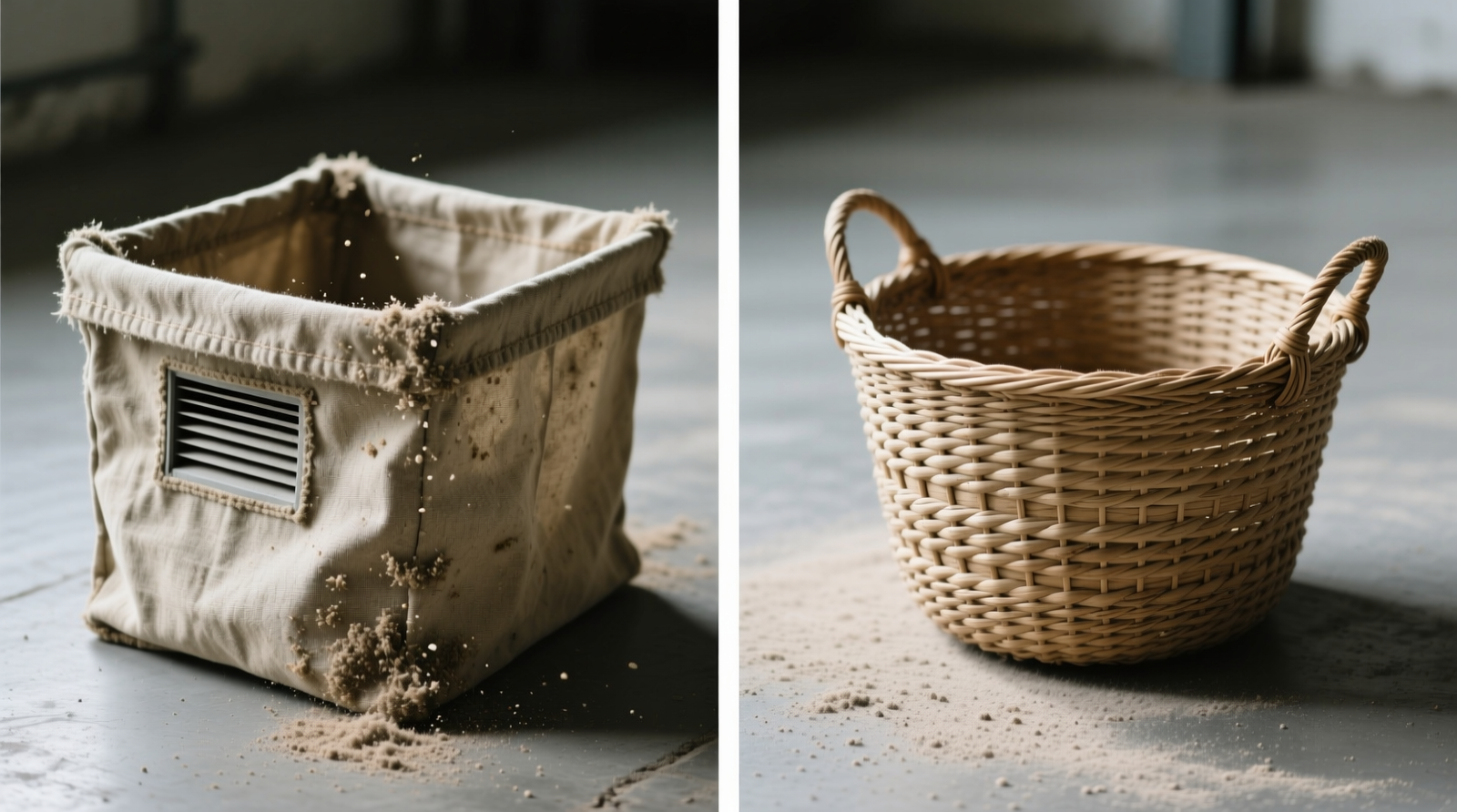 Side-by-side comparison: left shows dust visibly clinging to canvas bin edges near HVAC vent grille; right shows clean, dust-free woven seagrass basket placed at same distance and orientation