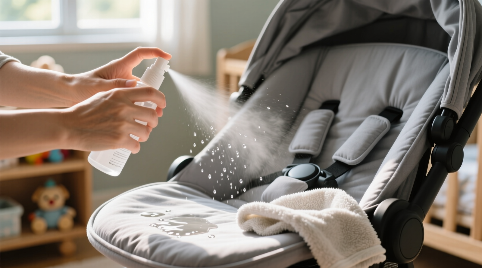 Close-up of a parent gently misting a gray polyester pet stroller seat with a fine-spray bottle, microfiber cloth resting nearby, natural light highlighting absence of visible residue or dampness
