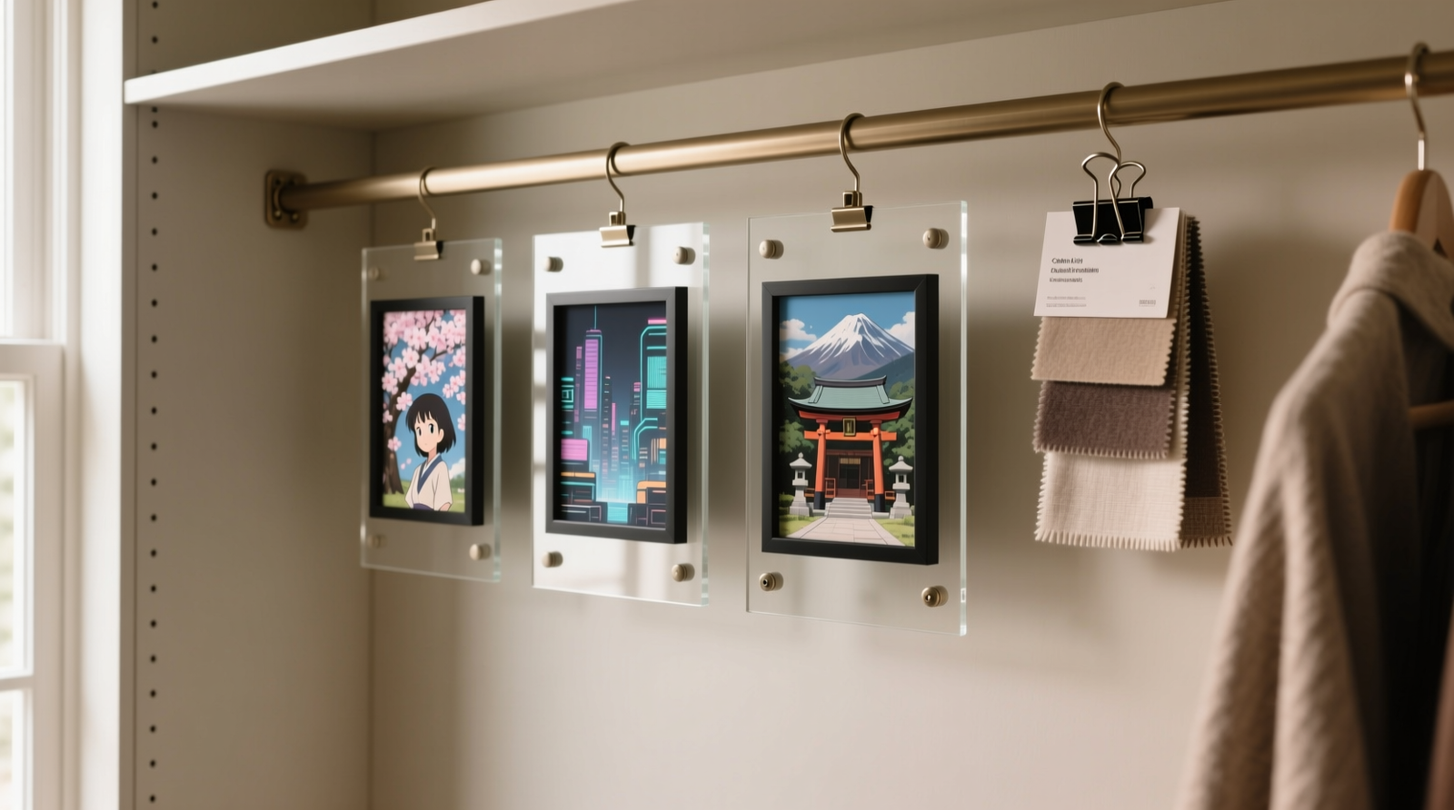 Close-up of a neutral-toned walk-in closet interior showing three small, framed anime wallpaper swatches mounted on magnetic acrylic panels suspended from an Elfa track system; adjacent fabric sample cards clipped to a hanging rod using matte nickel binder clips—no visible adhesive, screws, or wall contact.