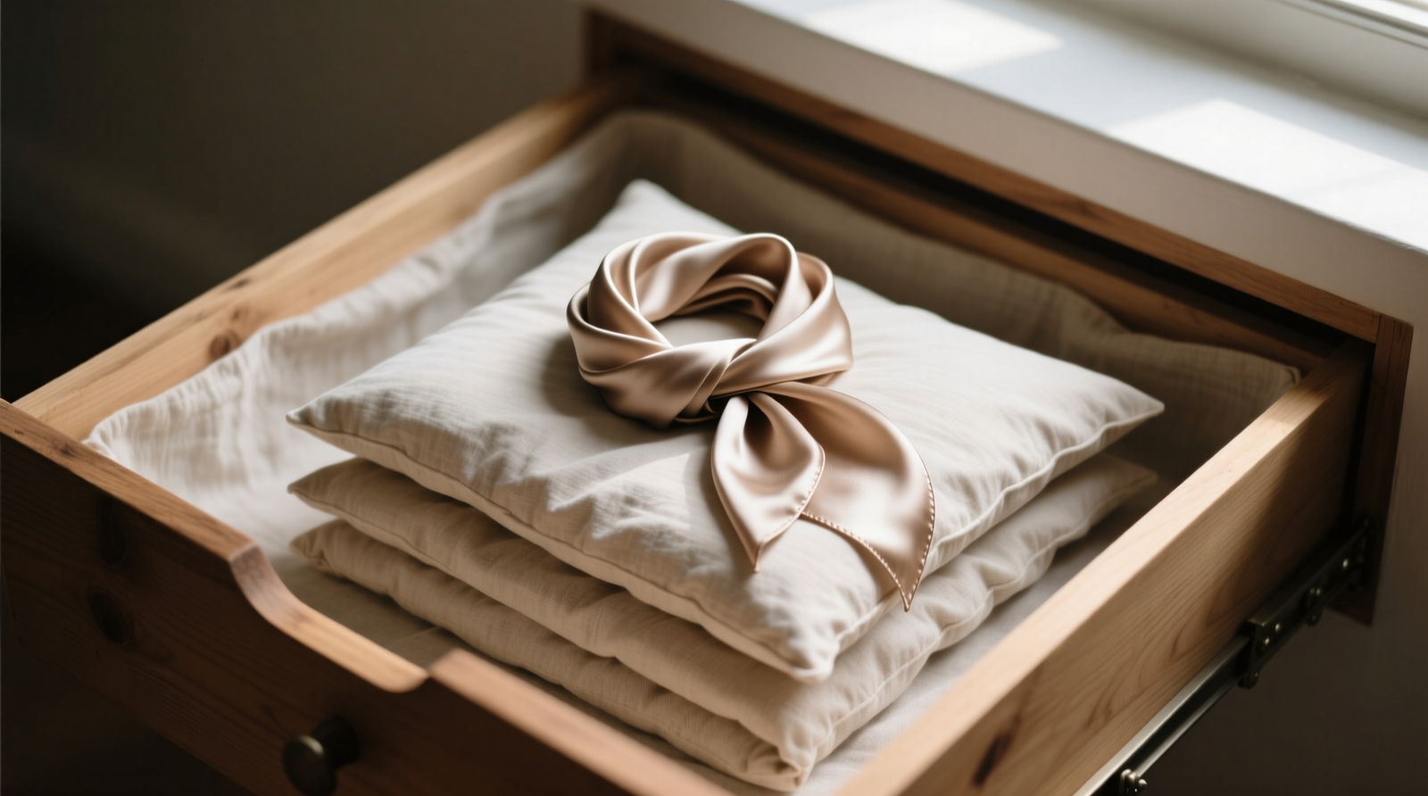 A neatly folded silk scarf nestled inside an open cotton pillowcase, placed flat atop a stack of three other pillowcase-wrapped scarves in a shallow wooden drawer lined with undyed linen