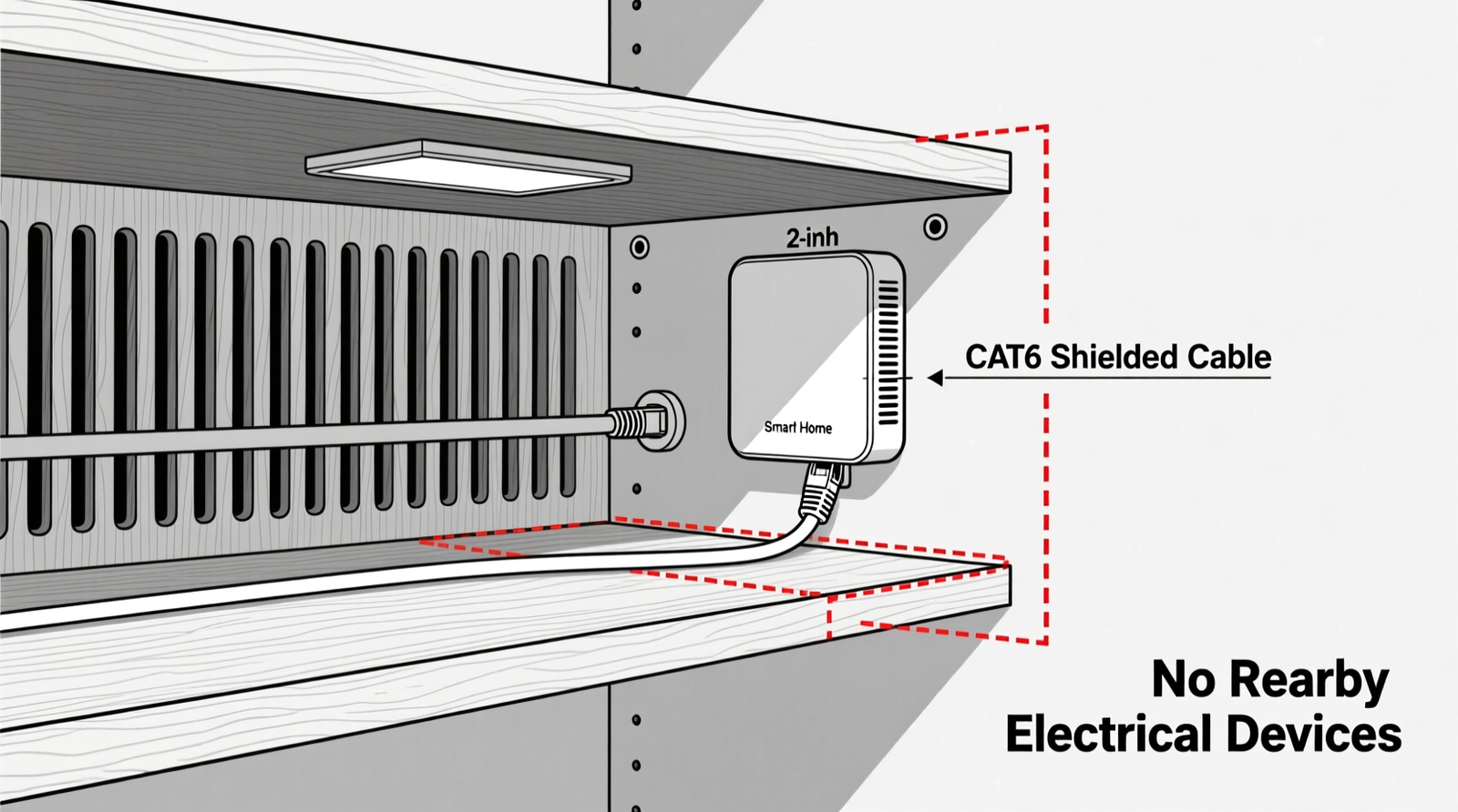 Side-view diagram showing a smart hub mounted on a ventilated wooden shelf inside a closet, with labeled 2-inch air gaps, shielded Ethernet cable routing, and no nearby power adapters or LED light fixtures