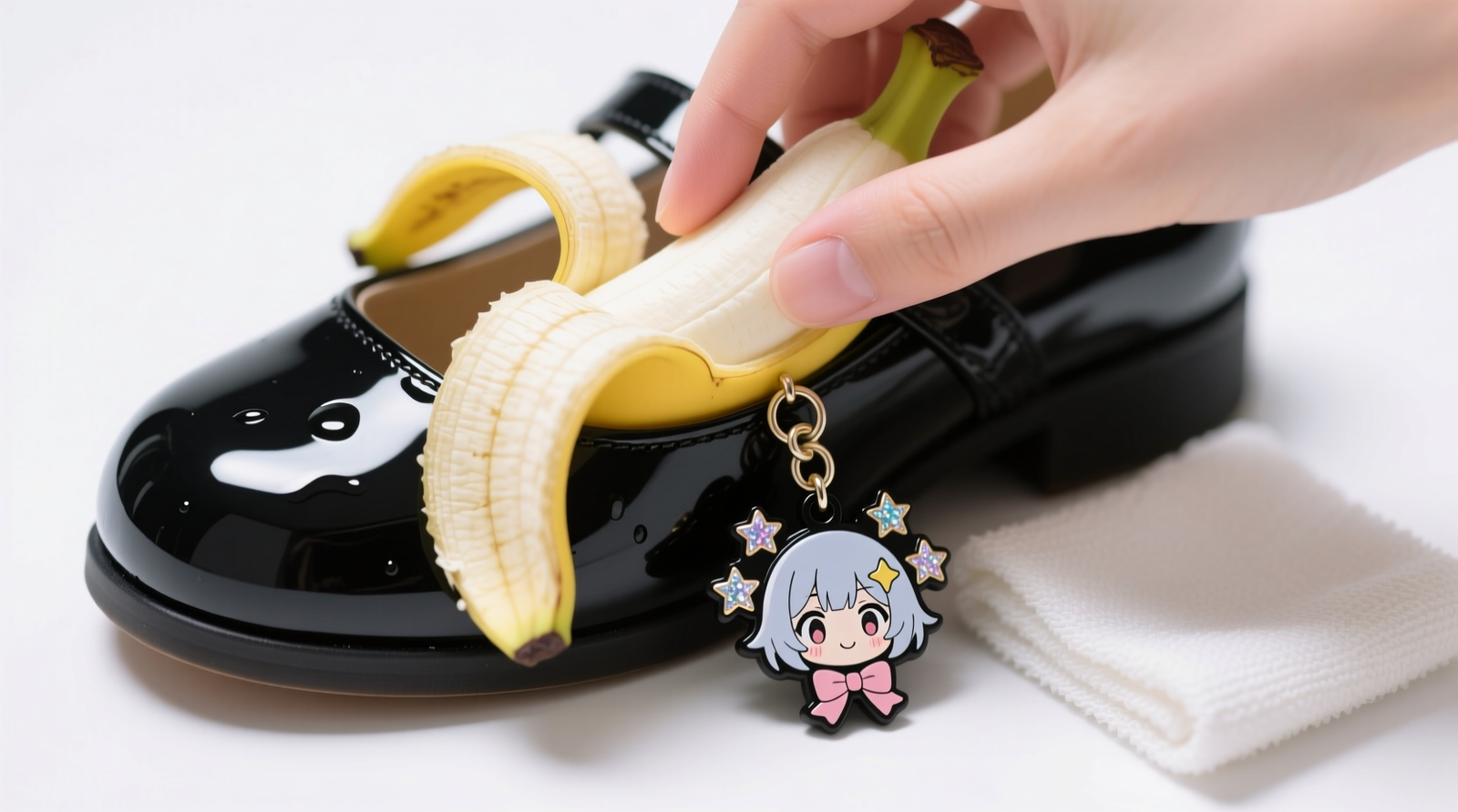 Close-up of a hand using the inner white side of a banana peel to gently rub a glossy black anime shoe charm, with a folded microfiber cloth resting nearby on a clean white surface
