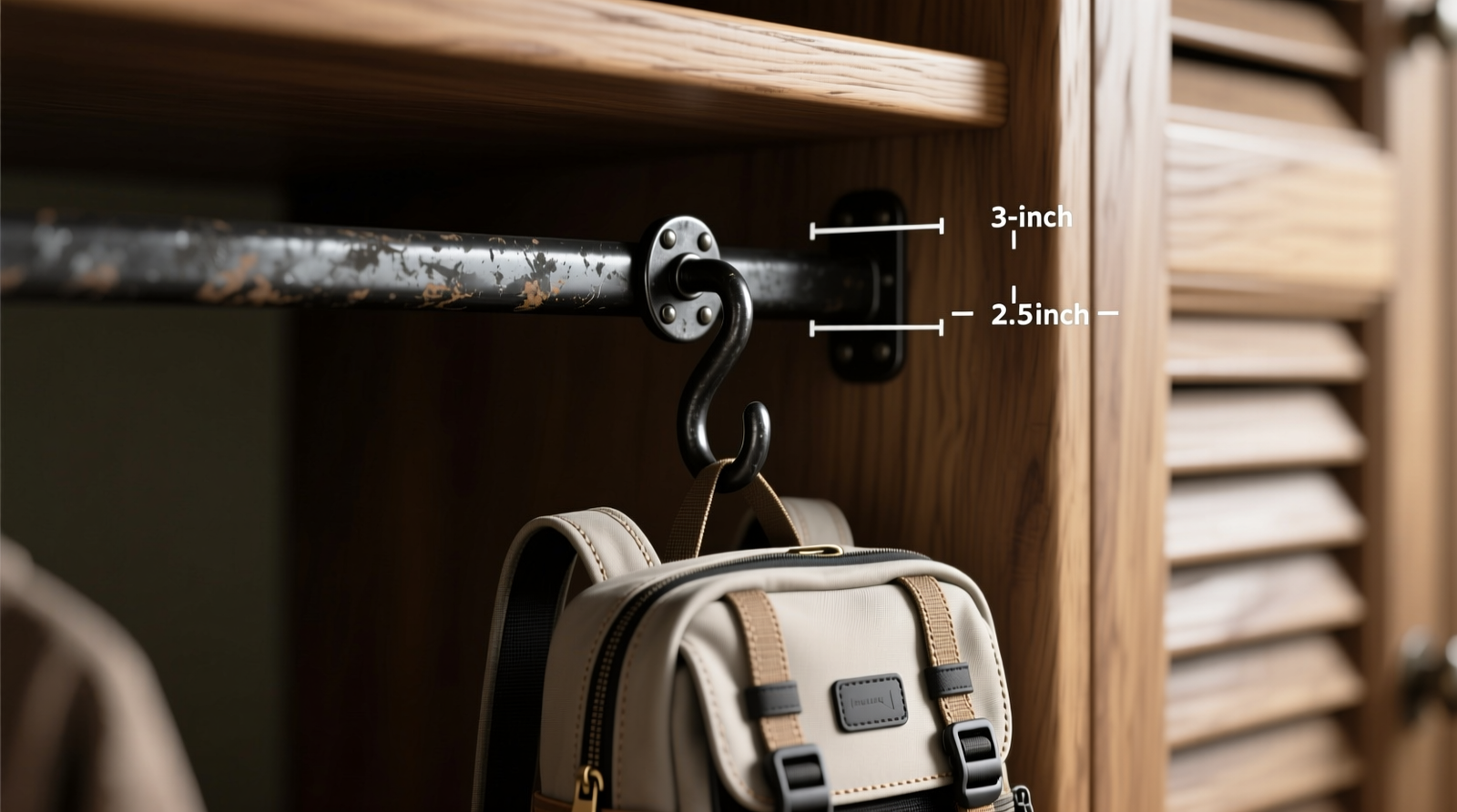 Close-up of a sturdy, black metal toggle hook mounted flush into the solid wood top rail of a closet door, with a compact pet carrier backpack hanging vertically beneath it—straps neatly tucked, 3 inches clearance above floor and 2.5 inches from nearest vent grille.