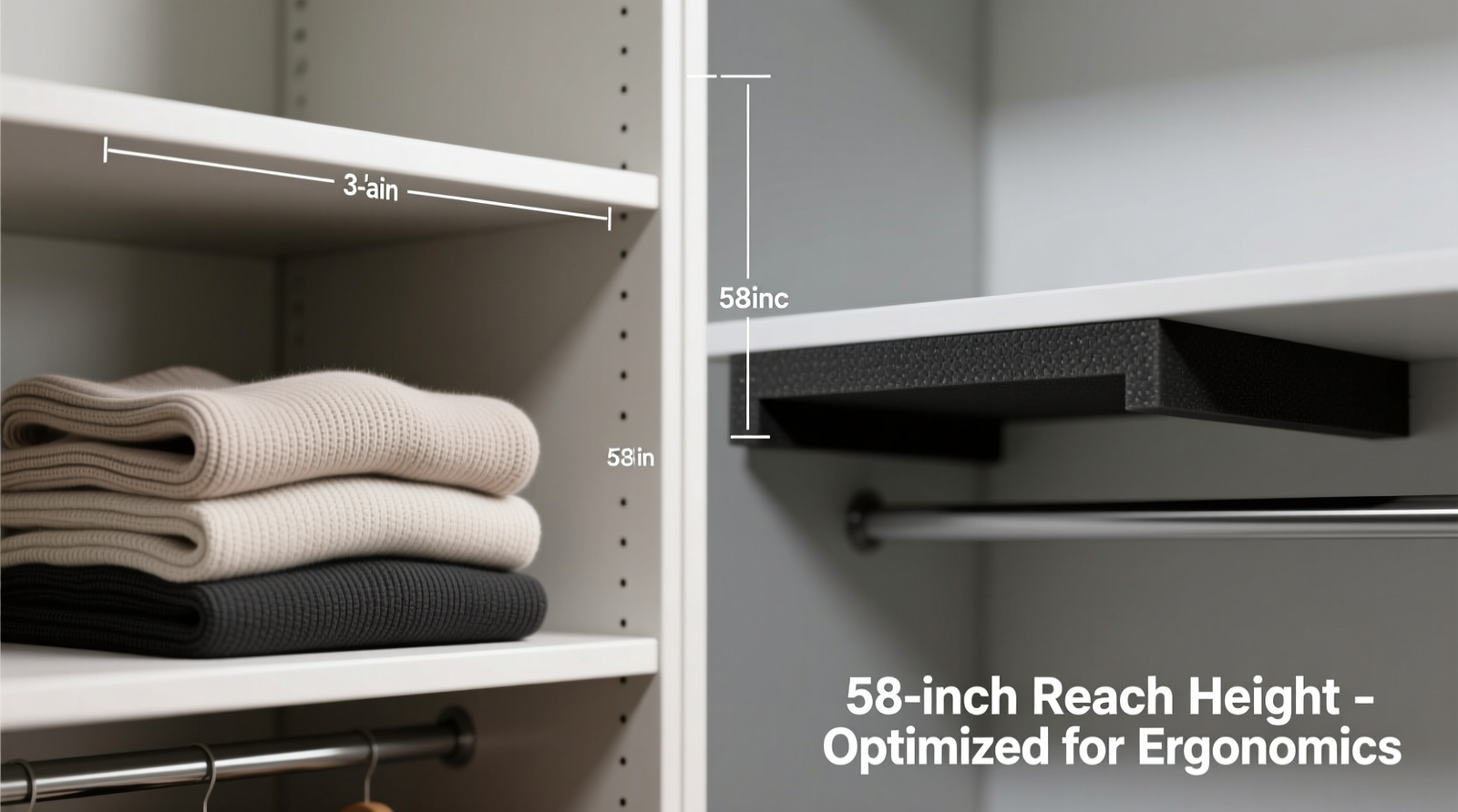 Side-by-side closet shelf comparison: left shows 3-inch air gap above folded sweaters; right shows same shelf with matte-black foam-core gap filler installed, lifting stack to eliminate void while keeping top layer at 58-inch height—within easy reach